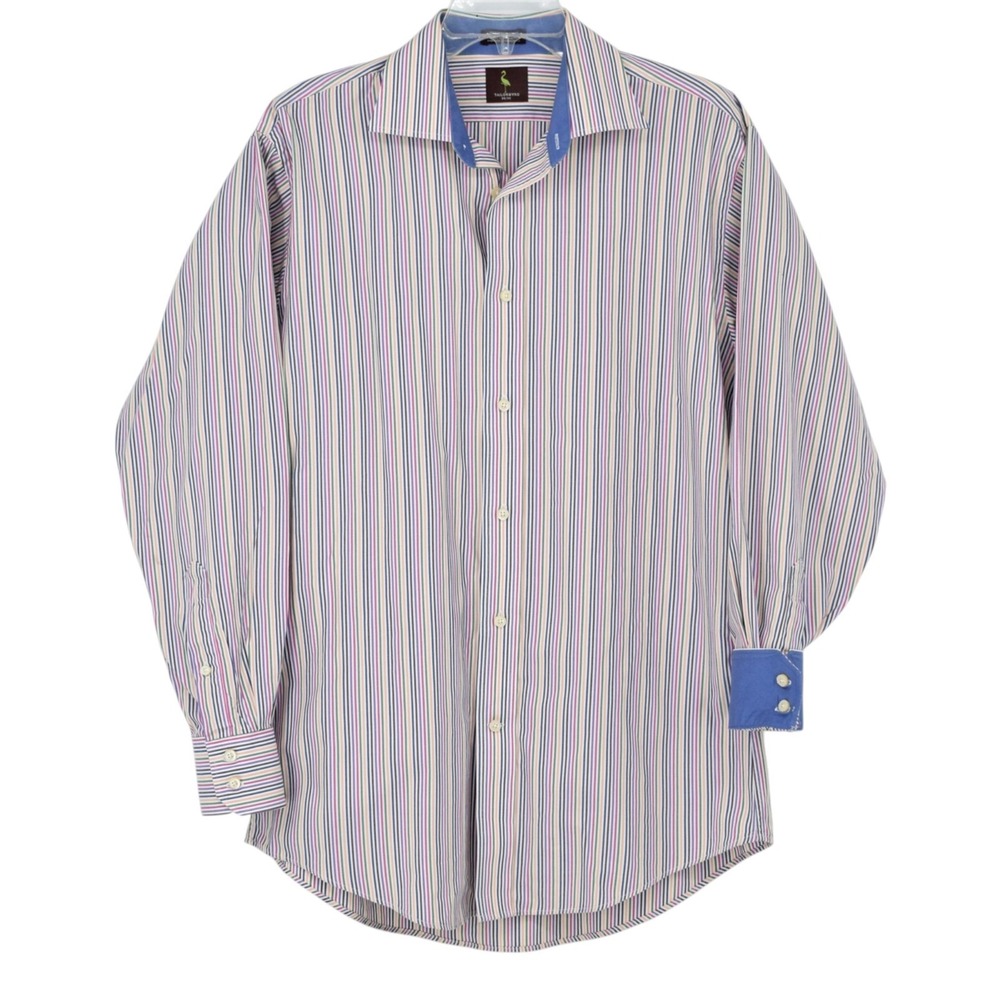 Tailorbyrd Men's M Long Sleeve Pastel Striped Sport Shirt Contrast Cuffs Cotton